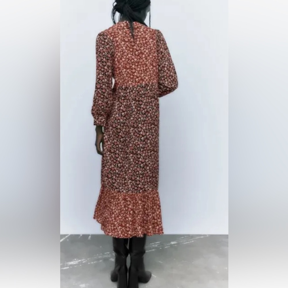 Zara • NEW • BROWN MAROON RED FLORAL PRINT BUTTONED LOOSE FIT MIDI DRESS • SMALL - Picture 3 of 11